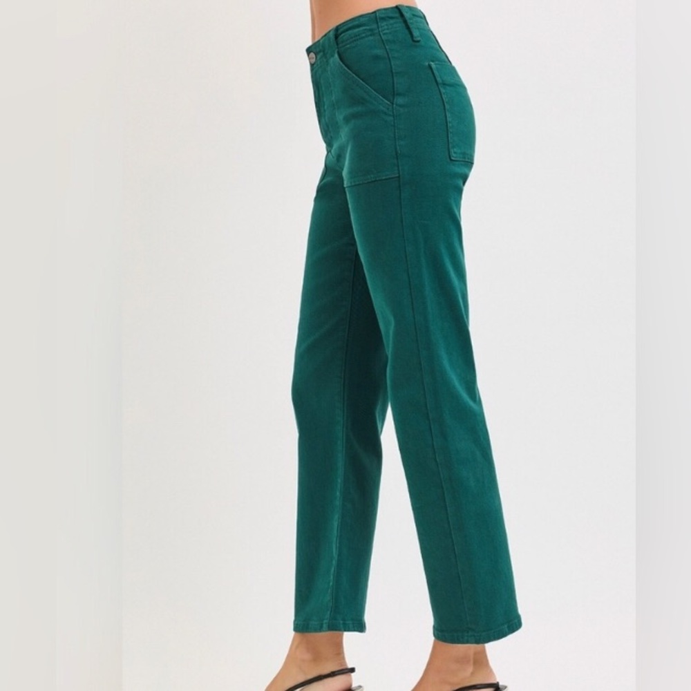 Risen High Rise Kick Flare Patch Pocket Jeans Hunter Green Ankle Various NEW - Picture 2 of 7